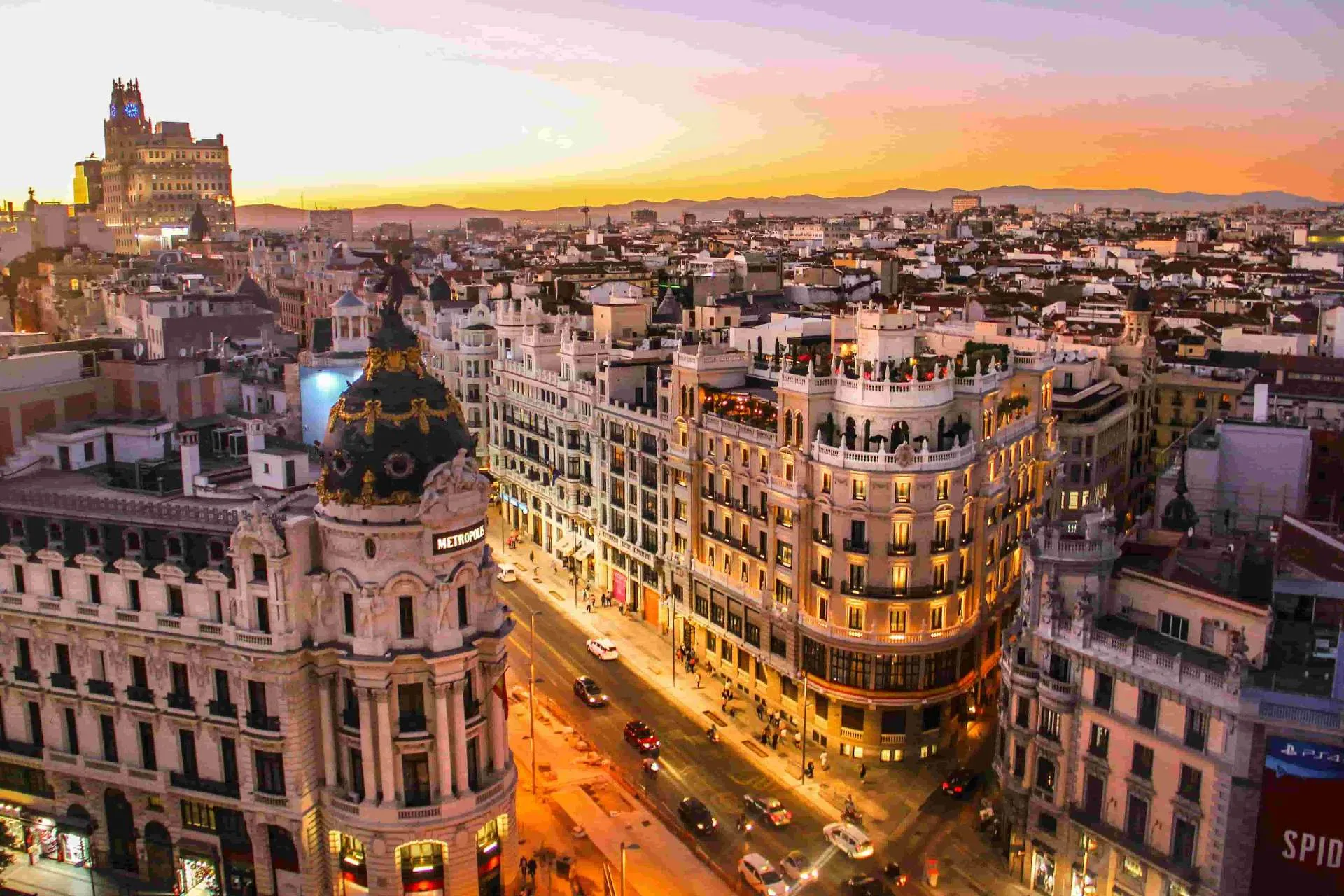 Madrid Gran Via at sunset - buying a second-hand car in Spain